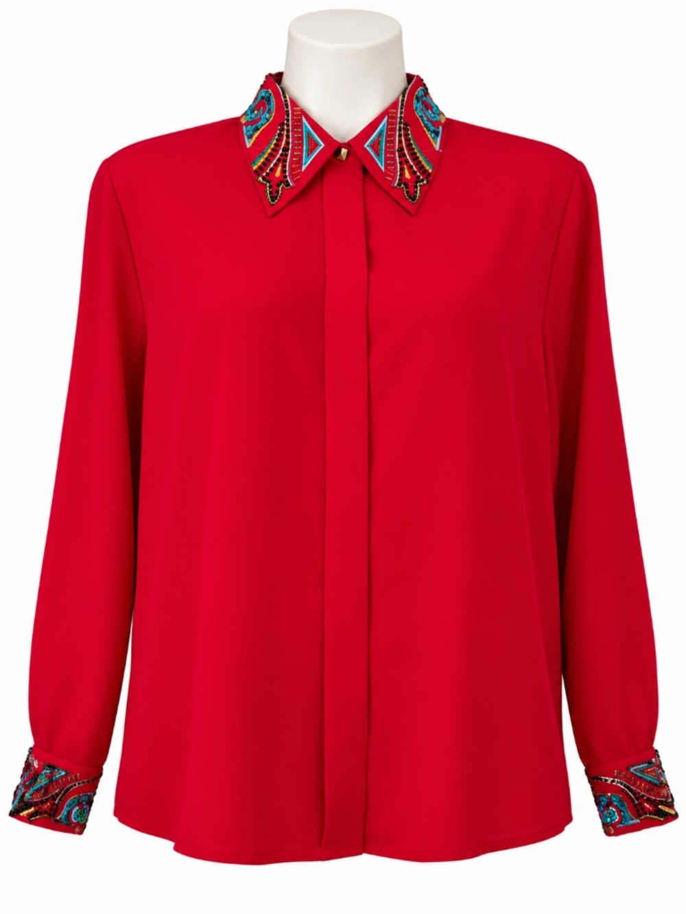 Karen Scott VTG Red Beaded Sequin Blouse Sz 18 Embellished Collar Shoulder Pads